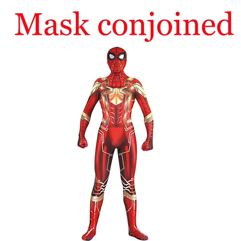 Mask conjoined Карнавальные костюмы «Железный Паук» для детей и взрослых, костюм паука «зентай», костюм супергероя, комбинезон, вечерние костюмы на Хэллоуин для детей - Цвет: Mask conjoined