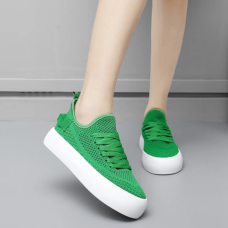 

NEW Fly Knitting Breathable Casual Women Shoes 2021 Summer Fashion Sneakers 4CM Heels Round Toe Woman Vulcanize Shoes Footwear