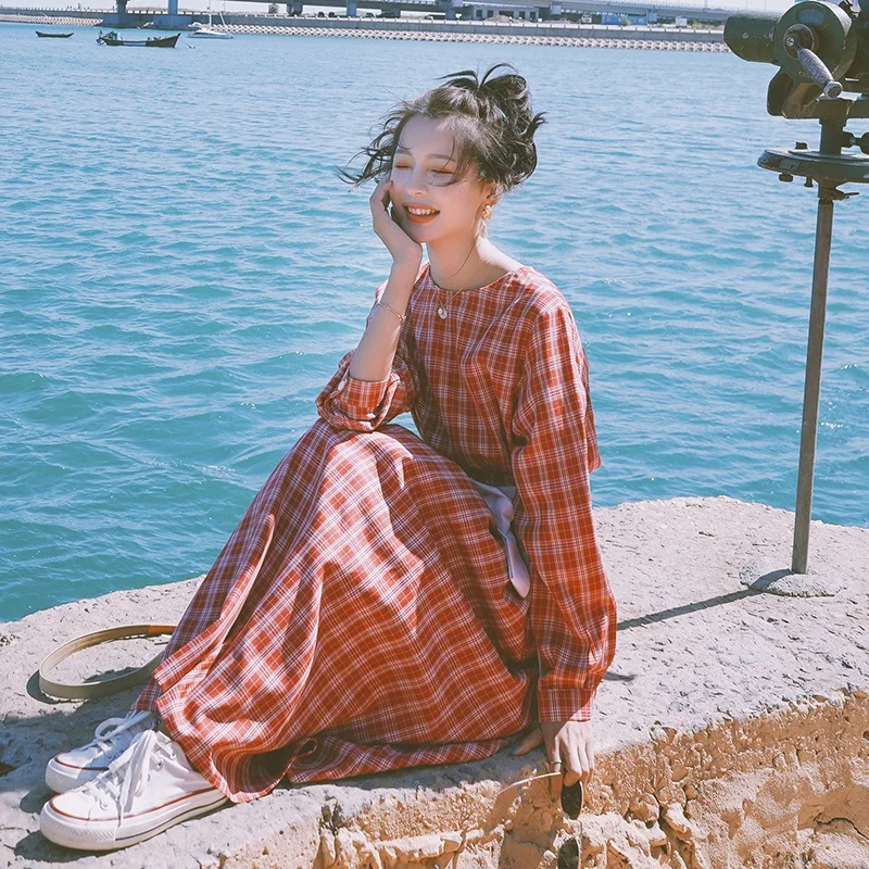 Модное платье в клетку Новое поступление стиле ретро с длинным рукавом бантом на