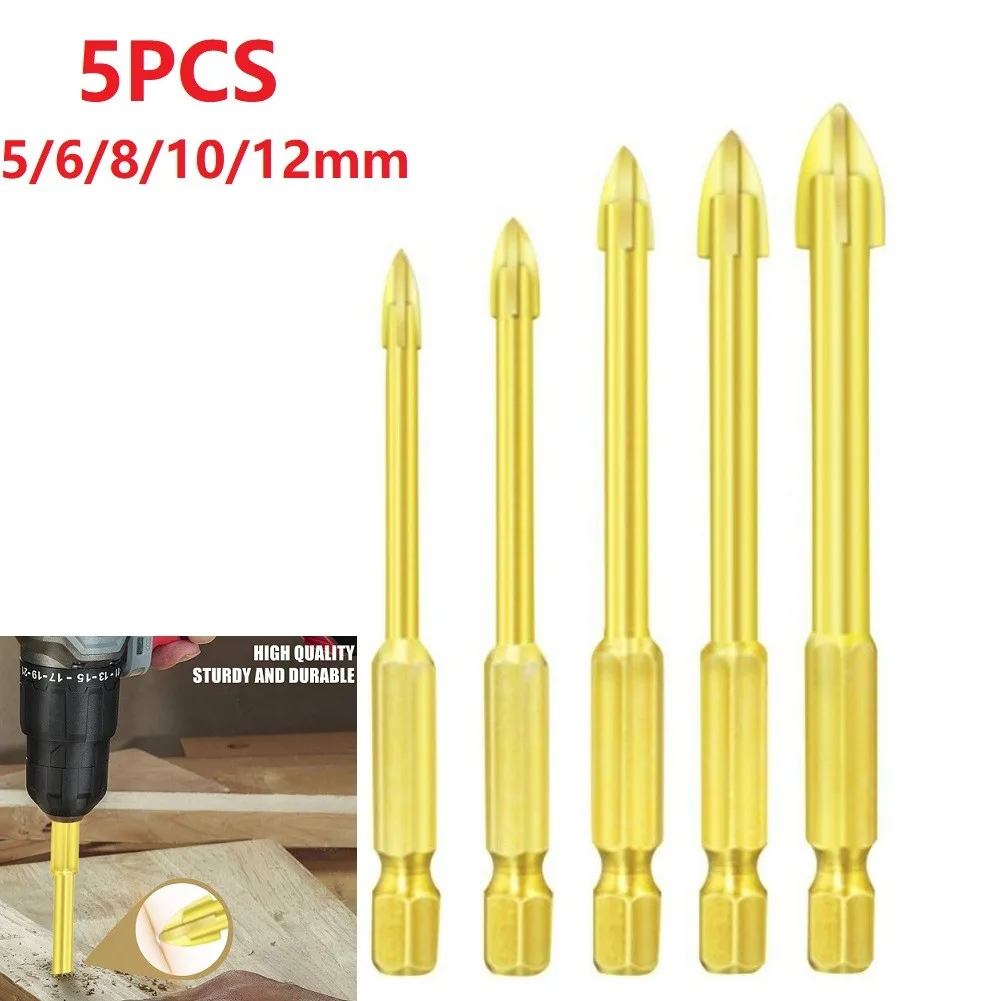 

5Pcs Carbide Wall Glass Drill Bits Efficient Universal Drilling Tool Multifunctional Cross Alloy 1/4'' Hex Shank Drill Bit Tip