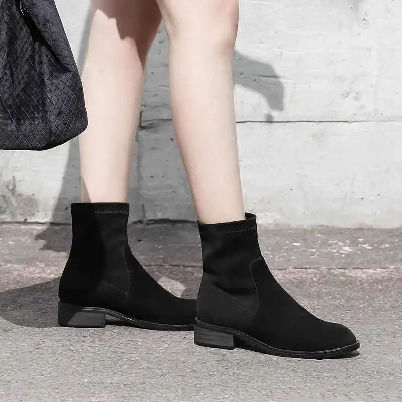balck sheep suede Krazing pot/простые женские ботильоны из натуральной кожи с круглым носком на среднем каблуке теплые ботинки «Челси» на шнуровке без застежки, L23 - Цвет: balck sheep suede