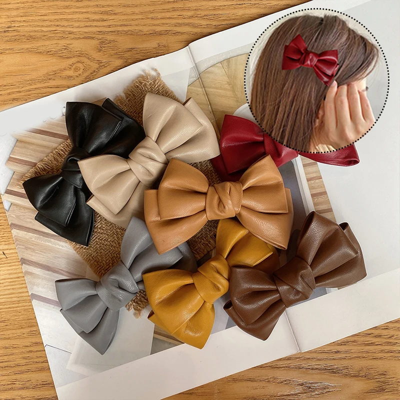 

Fashion Bowknot Hair Clip For Women Girls Solid Color Korean Style Hair Accessories Female PU Leather Textured Hairpin