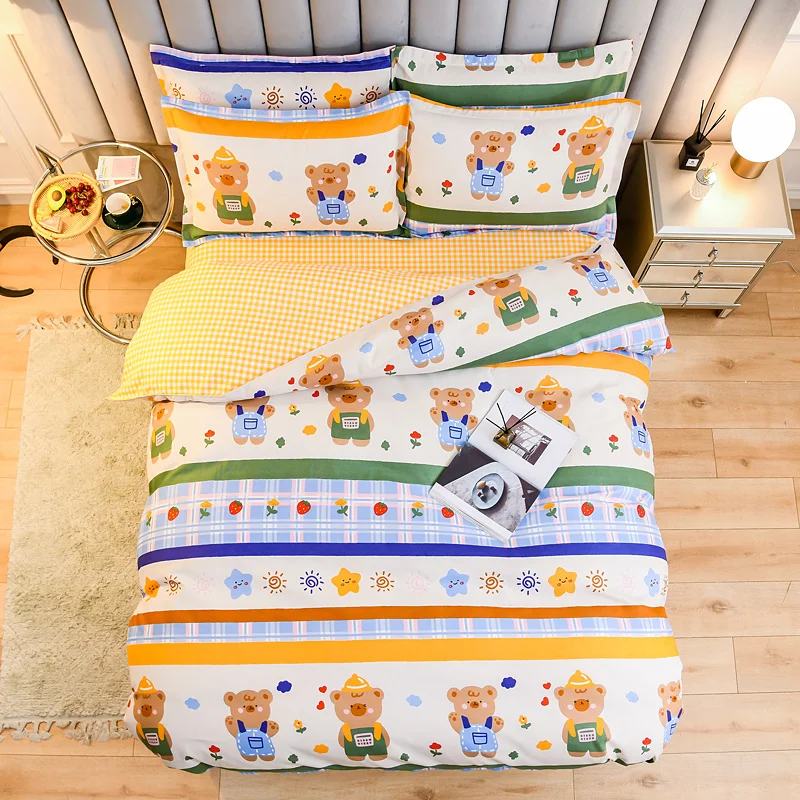

Super Cute Bear Printed Washed Cotton Quilt Cover Pillow Case Bed Sheet Bedroom Soft Comfortable Single Bedding Set Oceania