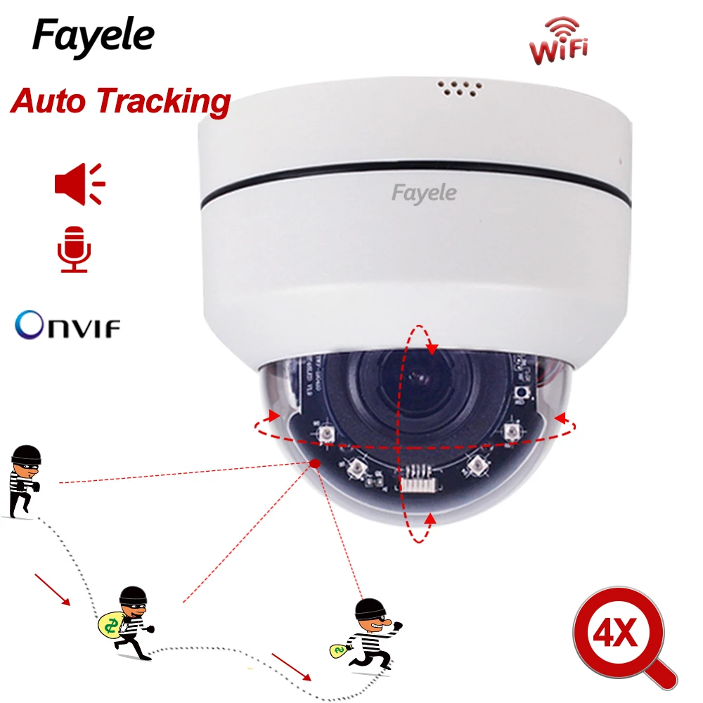 

Купольная PTZ-камера для домашней системы видеонаблюдения с автоматическим отслеживанием, IP-камера с 4-кратным увеличением, Wi-Fi, ONVIF, 1080P, H.265, д...