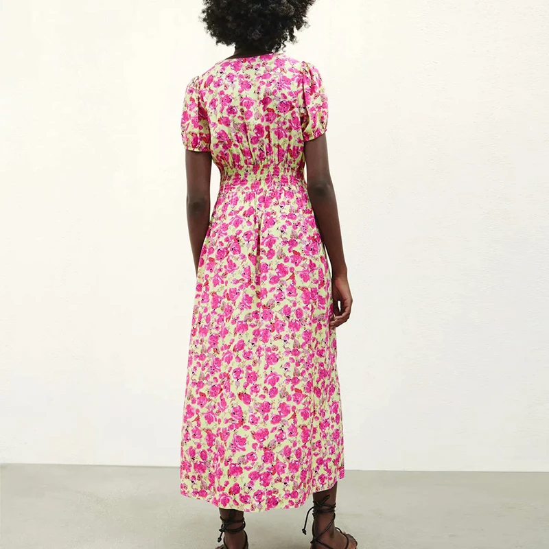 

Women Dress 2021 Flower Full Printing Short Sleeve Casual Party Vestido Elegant Deep V-Neck A-Line Girls Street Outfits