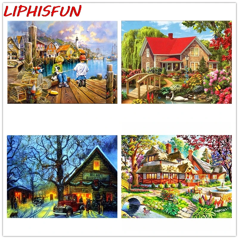 

LIPHISFUN Полный Круглый квадратная Алмазная вышивка крестиком коттедж DIY 3D алмазов картина деревенский пейзаж город украшения дома