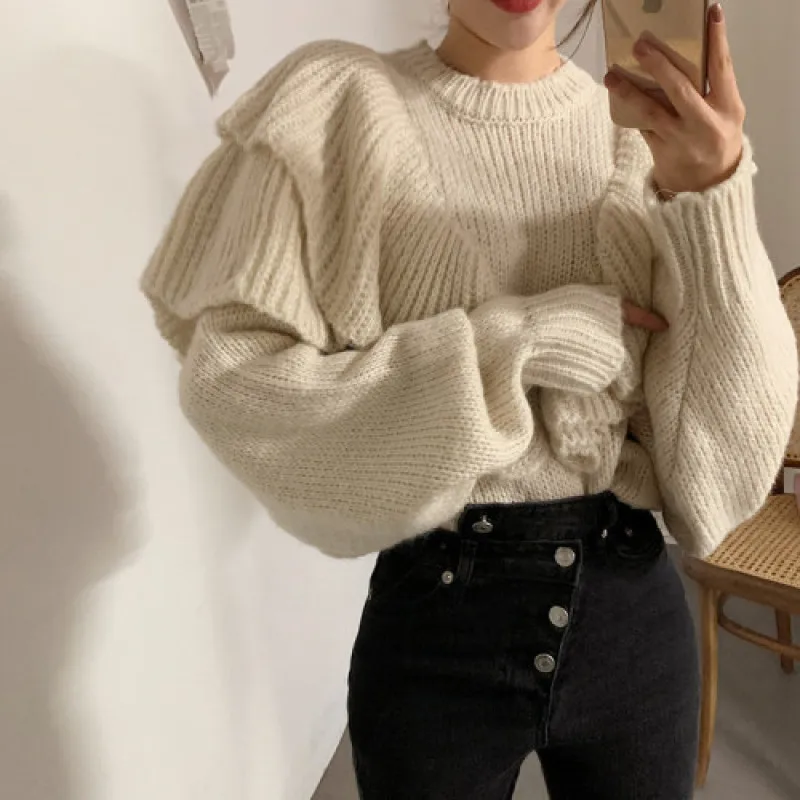 YAMDI korean runway sweater female autumn winter 2020 o neck solid chic fashion loose pollover thick knitted jumper women ruffle | Женская