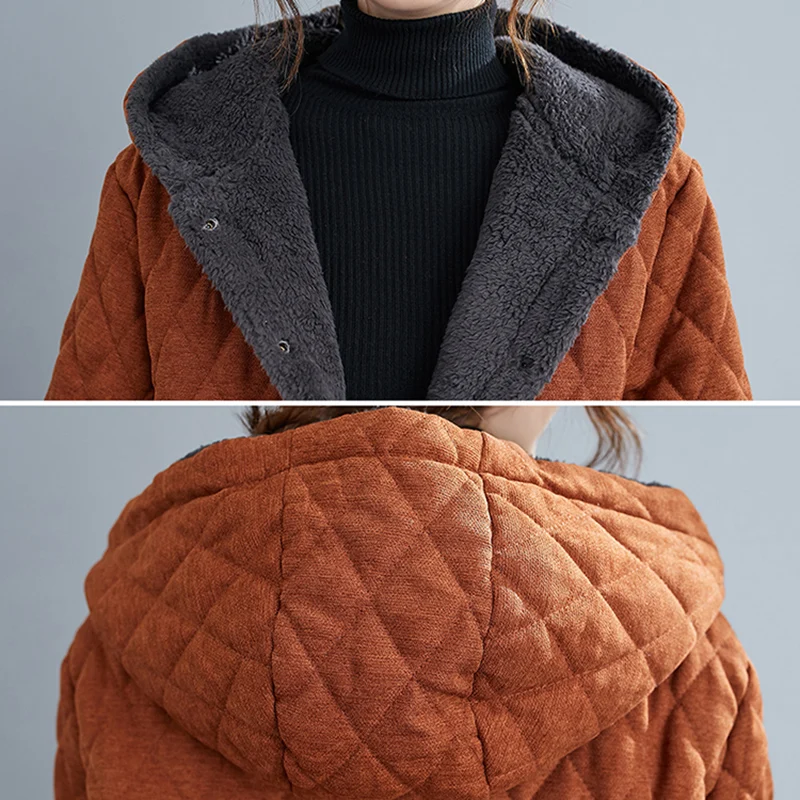 Casual Cotton Women's Long Coat Retro Plus Velvet Thick Hooded Winter Jacket Ethnic Fashion Warm Long Parka Plus Size XL Parkas