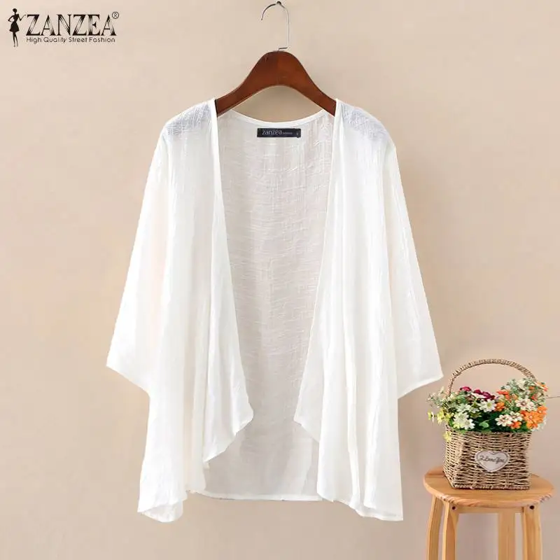 

Elegant Solid Cardigans Women's Summer Blouse 2021 ZANZEA Casual Long Sleeve Blusas Femle Thin Tunic Plus Size Tops Kimono Cape