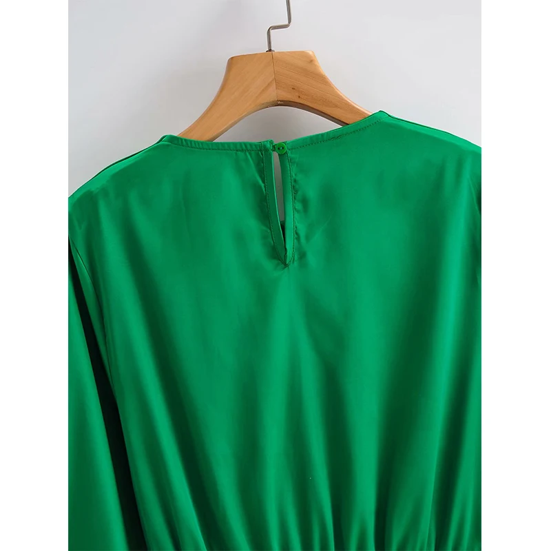 

YENKYE Fashion Women Hem Wrap-Style Satin Green Dress Female O Neck Long Sleeve Casual Autumn Dress Short Vestido