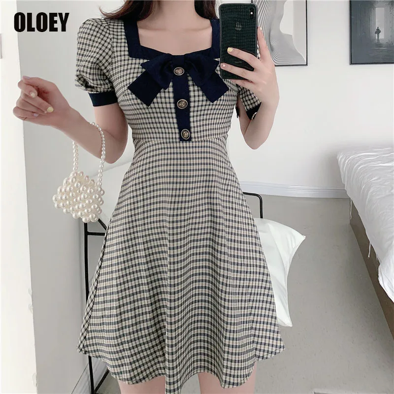 

Women Square Collar High Waist Short Sleeve Single Breasted Dress Plus Size Summer Plaid Dress Bow Vestidos Puff Sleeve Dresses