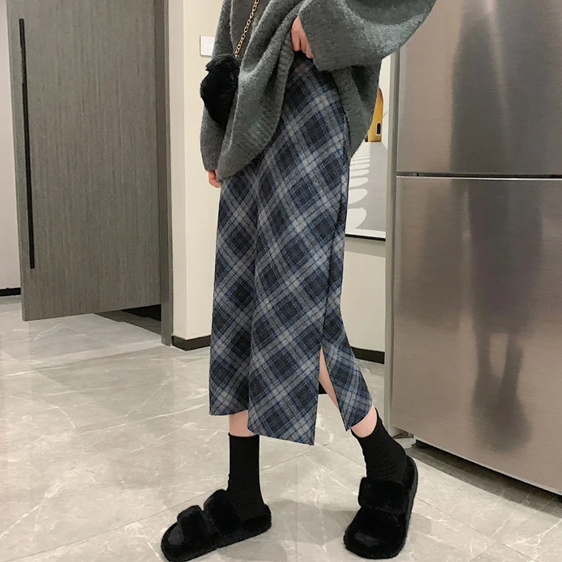 

Женская клетчатая юбка с разрезом, трапециевидная юбка средней длины, Новинка весна-осень 2021, длинная юбка с высокой талией и запахом