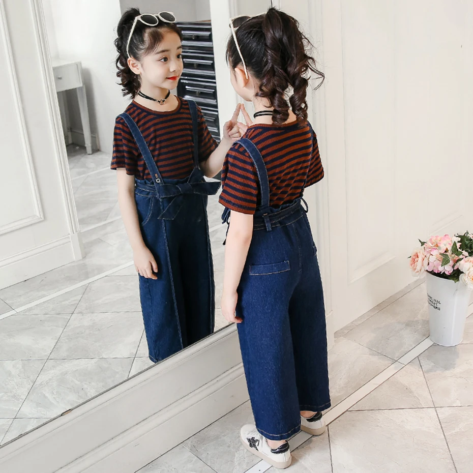 Одежда для девочек футболка в полоску + комбинезон комплект джинсовые свободные