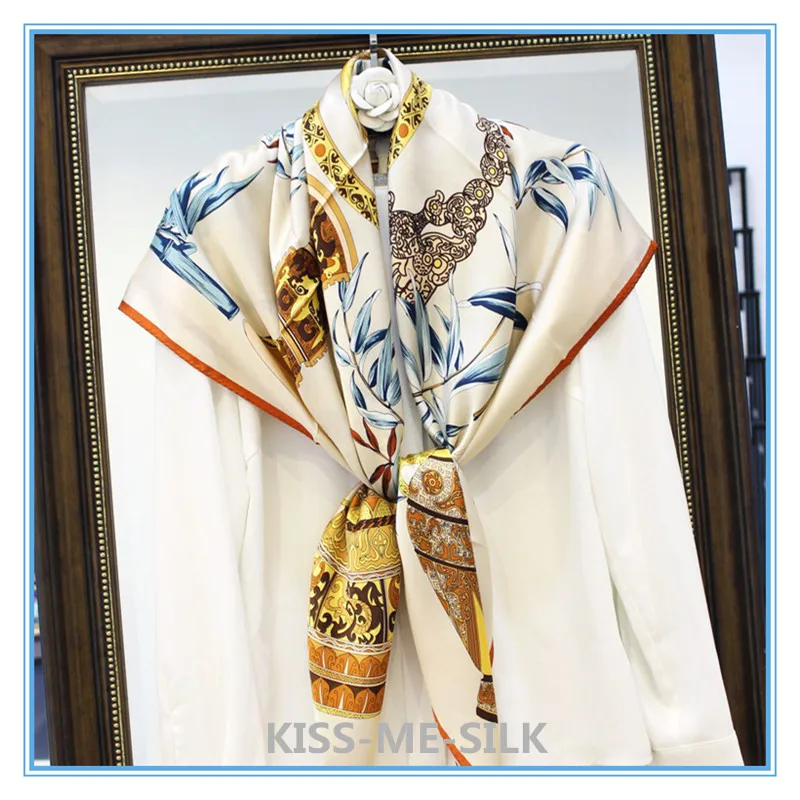 

KMS Chinese Bamboo Leaf and Porcelain Vase 16mmi silk satin square scarf shawl for Girl Lady Women 105*105CM/80G