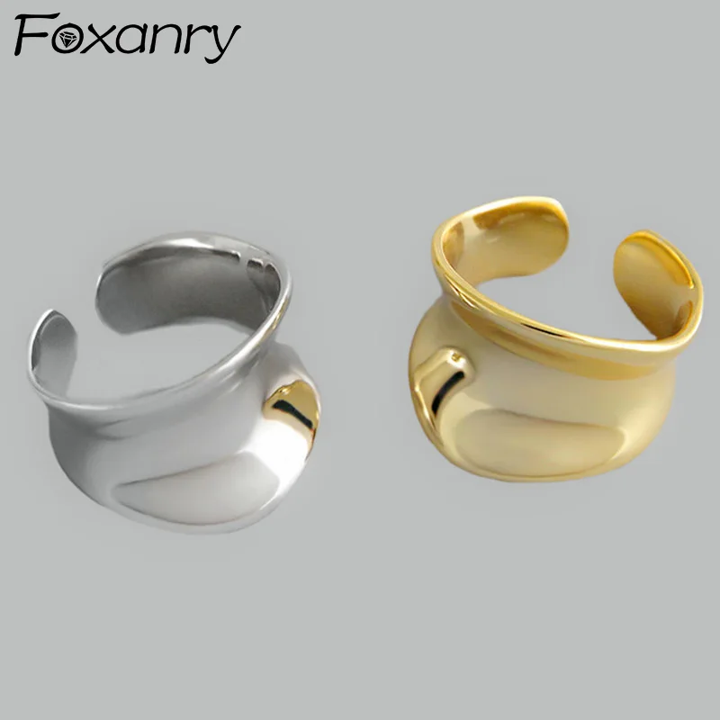 

Foxanry 925 Stamp Glossy Concave Surface Arc Rings for Women Irregular Minimalist Party Jewelry Wide Rings Adjustable