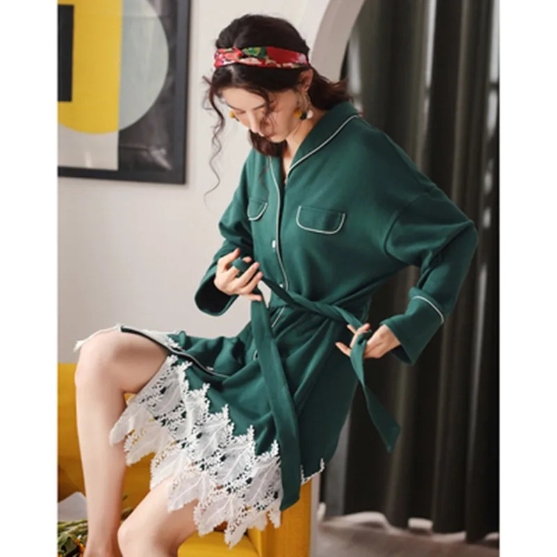 

Весенняя и Осенняя Пижама, женская пижама средней длины из чистого хлопка с длинным рукавом, Женская домашняя одежда из хлопка