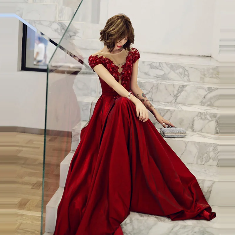 It's Yiya Вечернее Платье бордовое аппликации одежда с вышивкой de Soiree короткий рукав o-образным вырезом Формальные платья большого размера E1330
