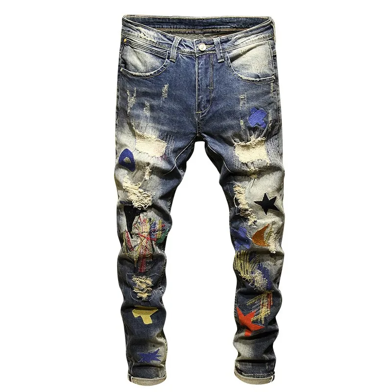 

Personality Winter Mens Embroidery Hole Ripped Denim Pants Fashion Casual Slim Fit Stretch Full Length Cowboy Jogger Trousers