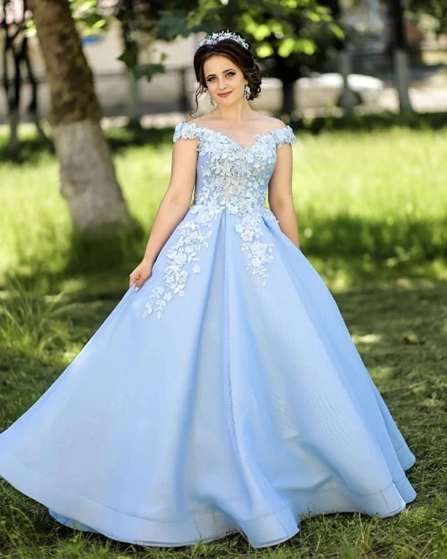 

Light Blue Appliques Ball Gown Prom Dresses 2021 Off Shoulder Floral Formal Evening Party Dress Robe De Soiree
