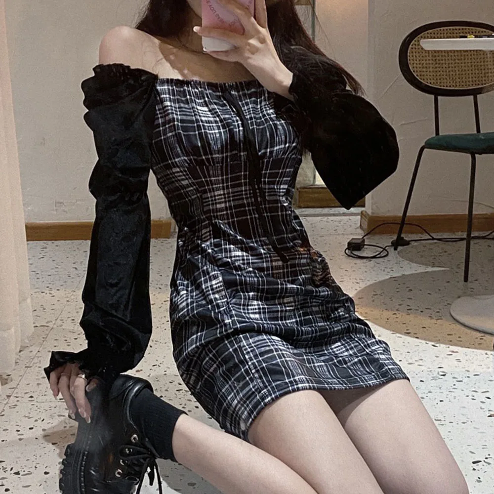 

2021 Temperament Dress Women New Lattice Splicing One Word Collar Long Sleeve High Street Casual Fashion Simplicity Women
