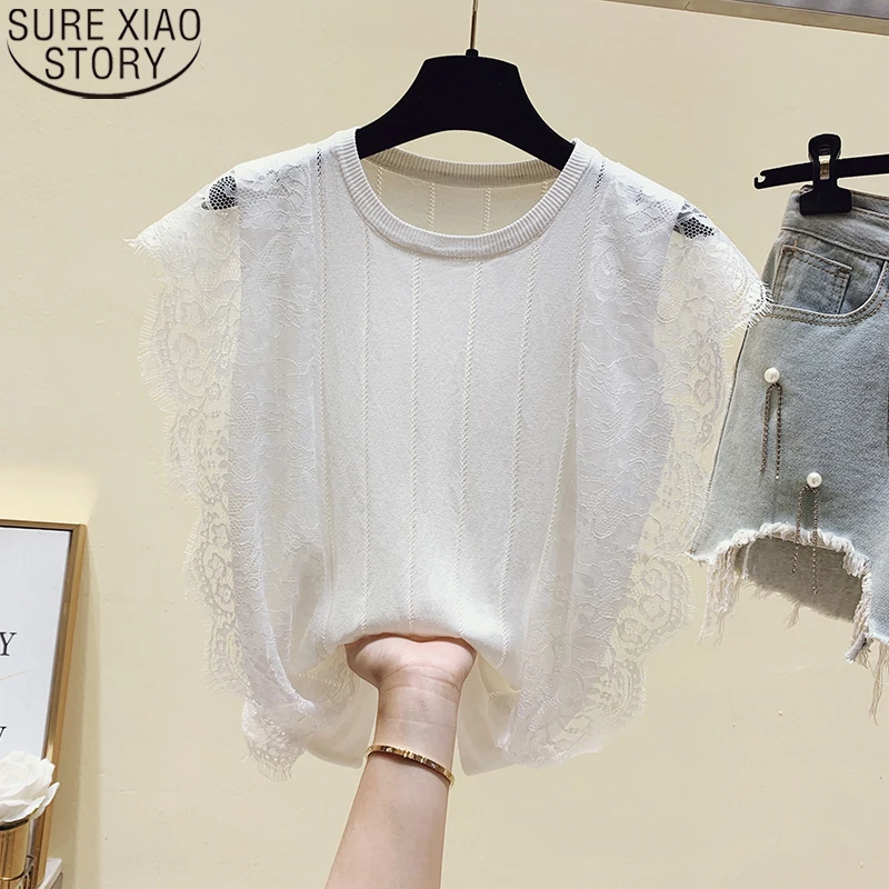 

Summer Sleeveless Ice Silk Knitted Shirts 2022 Cotton Lace Bottoming Shirt Solid Color O Neck White Blouse Female Clothing 13635