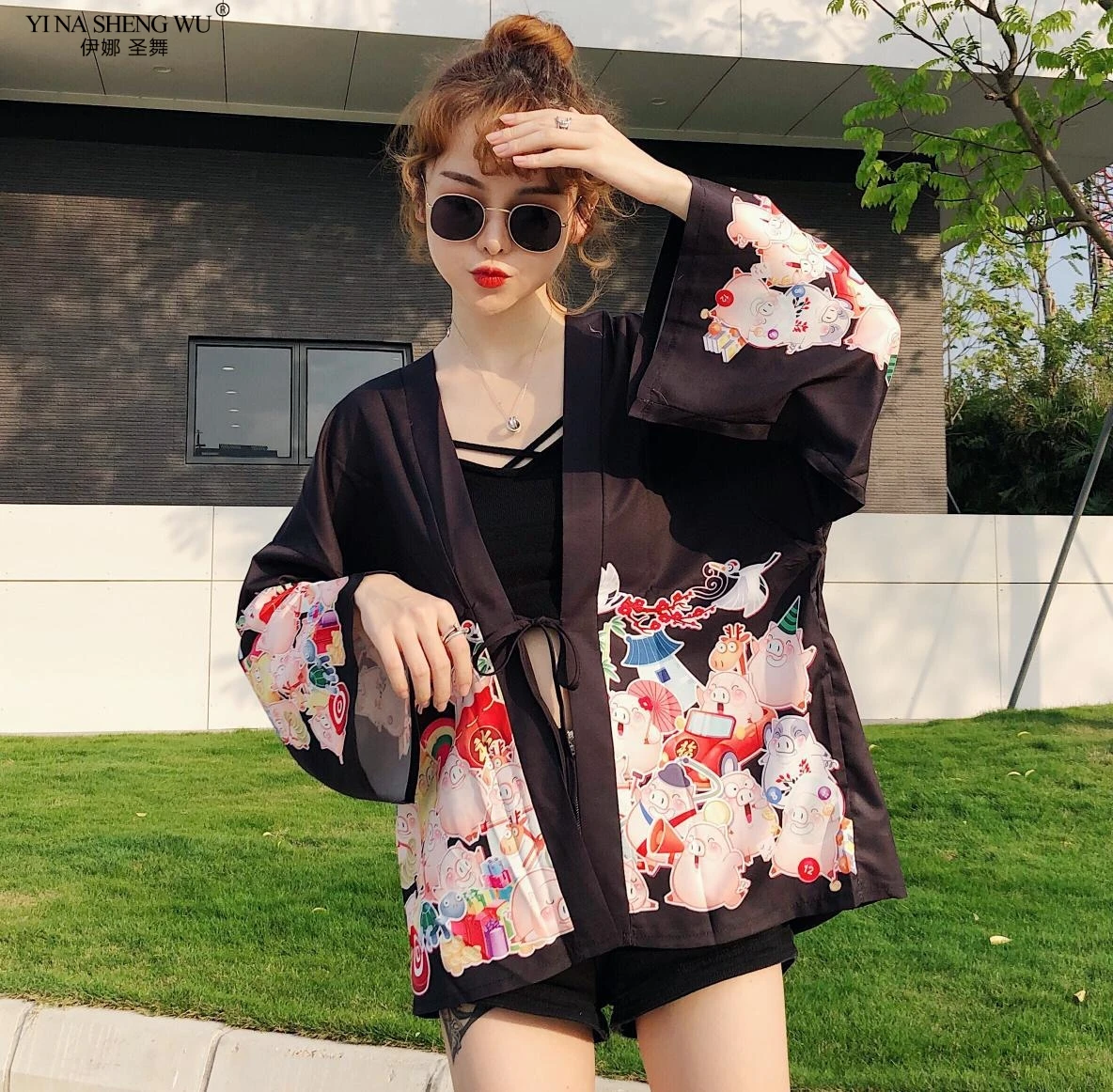 

2020 New Piggy Lucky Cat Print Kimono Streetwear Loose Thin Coat Girl Cardigan Yukata Haori Sunscreen Kimono Girlfriends Costume