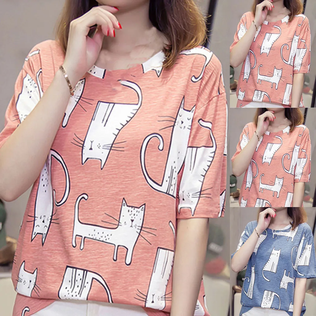 Милая мультяшная кошка с длинным хвостом напечатанная женская футболка новинка