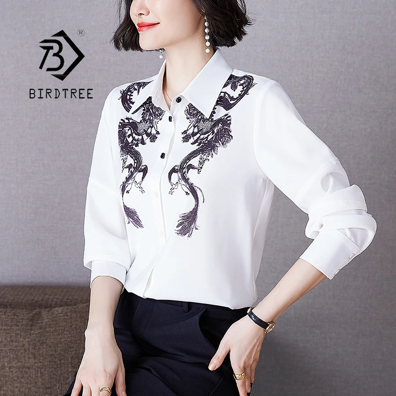 

Chiffon White Blouse Spring Autumn Women Career Long Sleeves Blouse Vintage Femme Printing Shirts Elegant T11901X