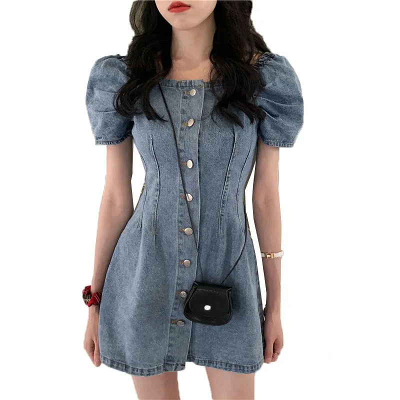 

Женское джинсовое платье с коротким рукавом, голубое вечерние бортное праздничное платье из джинсовой ткани с воротником-стойкой, лето 2020