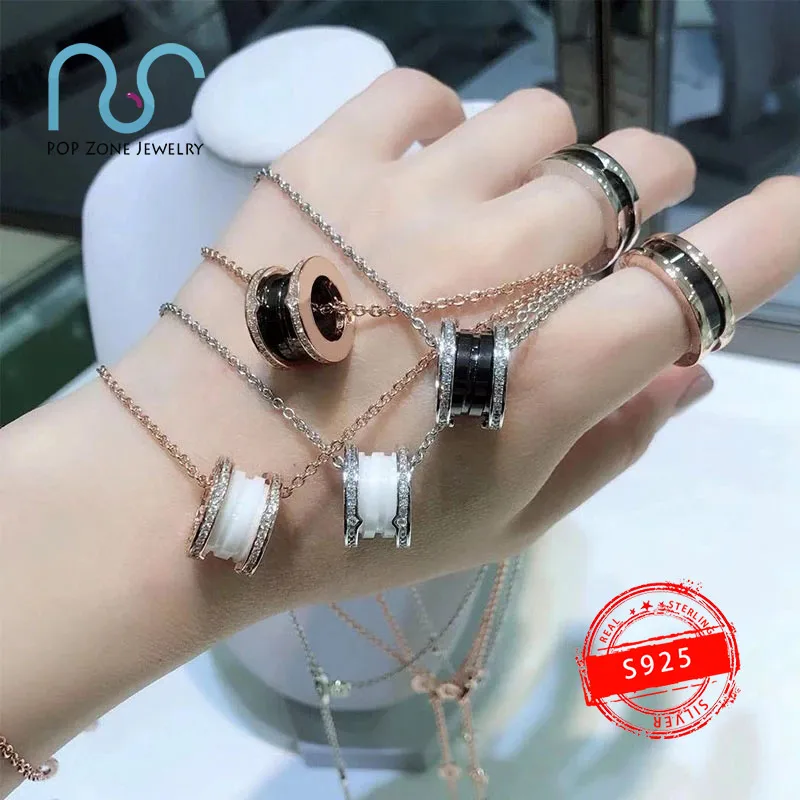 

Famous Brand Luxury Necklace Zero Series Black White Ceramics Spiral Shape Bilateral Zircon Sterling Silver Necklace With Logo