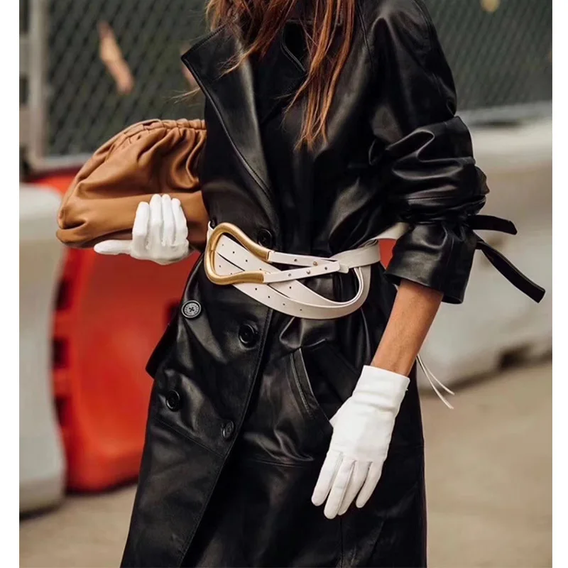 

Cosmicchic Top Quality Leather Belts For Women Fashion Week Big Irregular Metal Buckle Fashion Luxury Designer Double Waist Belt