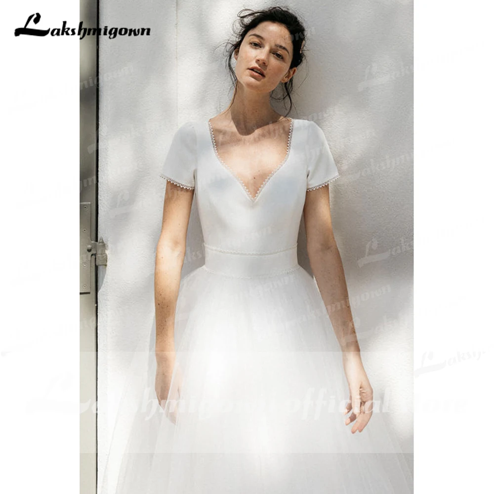 

Elegant Floor Length V Neck Satin Lace Beach Wedding Dresses Short Sleeve Tulle Simple vestido de fiesta de boda Lakshmigown