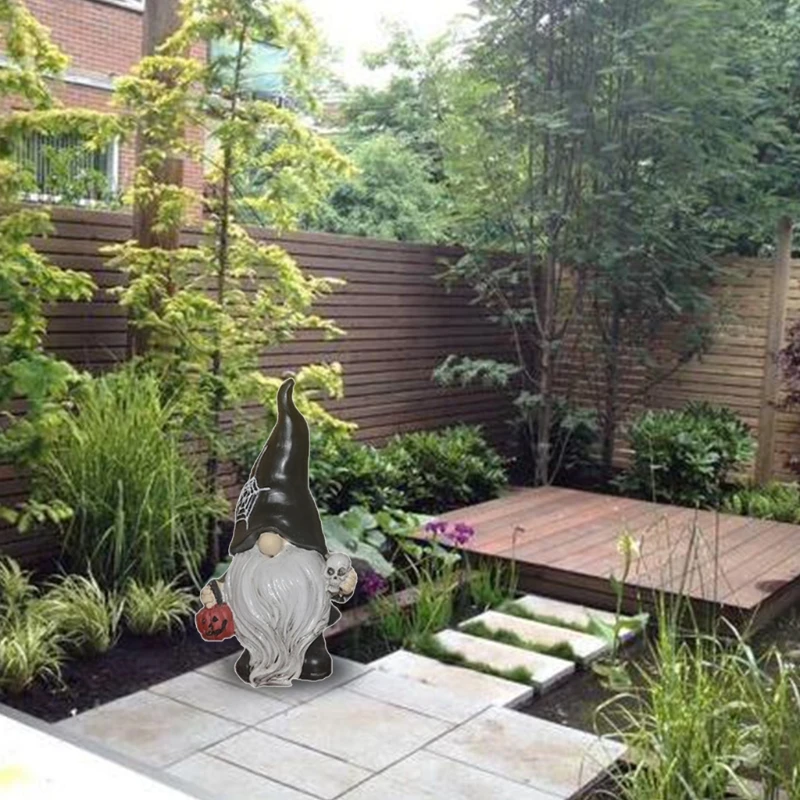 

P82D Halloween Gnome Statue Resin Skull Pumpkin Swedish Dwarf Figurines Decoration