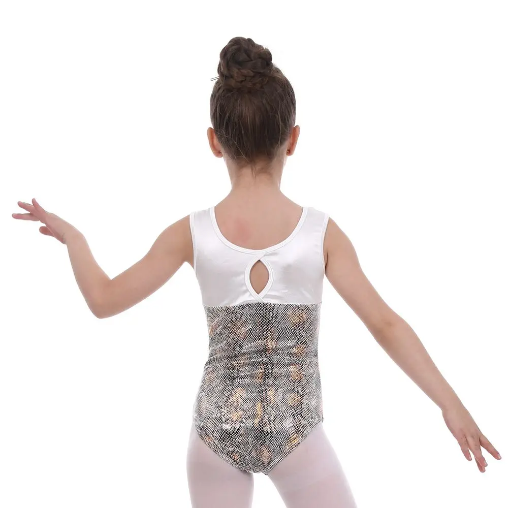 Детский трико для ритмической гимнастики девочек белый и серый цвет