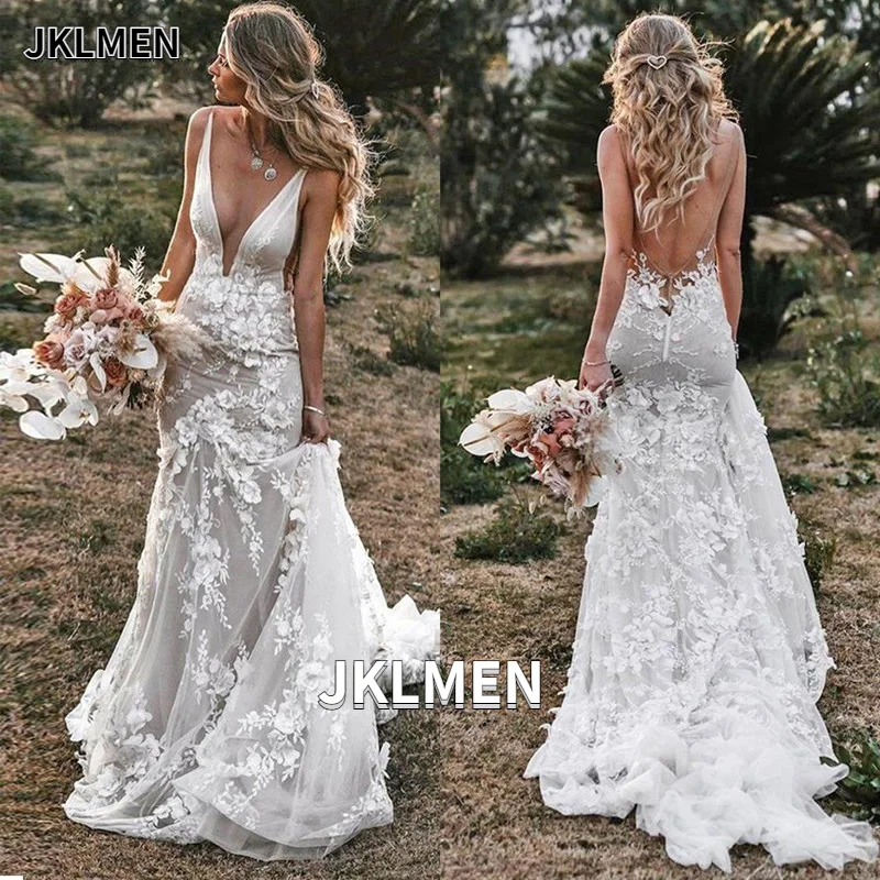 

2021 Deep V-neck Backless Lace Mermaid Wedding Dress 3D Flowers Appliques Country Bridal Gown Plus Size Custom Made