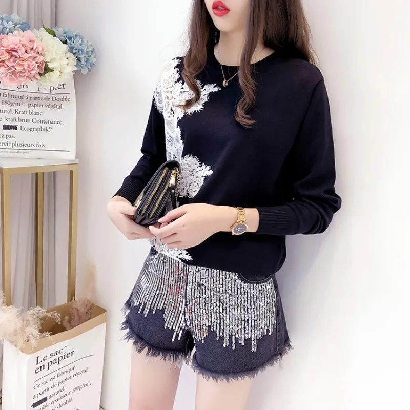 Chic Lace Patchwork Hollow Out Long Sleeve Womens Sweaters Korean Fashion New Loose Fit O-Neck Female Pullover Knitting Tops | Женская