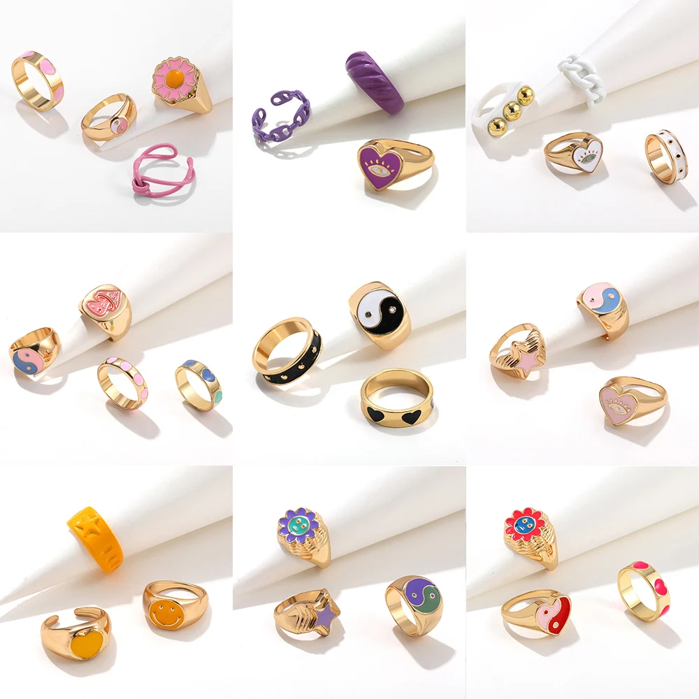 

Geometric Star Love Heart Flower Rings Set for Women Aesthetic Multicolor Enamel Evil Eye Tai Chi Rings Fashion Couple Jewelry