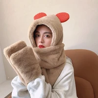 sweet cute bear ears plush hat scarf birthday gift super soft ear protectionf gloves windproof neck scarf gloves set