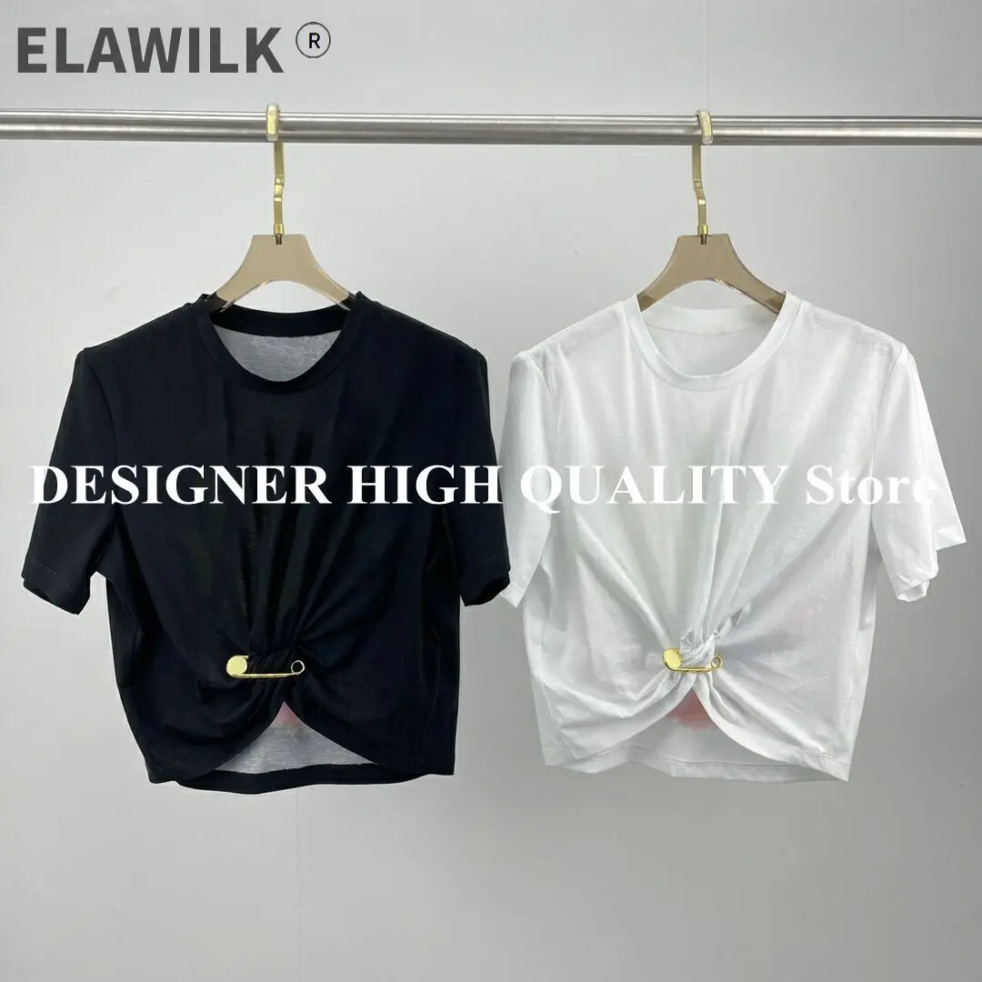

Fashion Print Cotton Summer T-shirt Women O-neck Short Sleeve Gold Pin Folds Decoration Streetwear Cropped Tops Tee