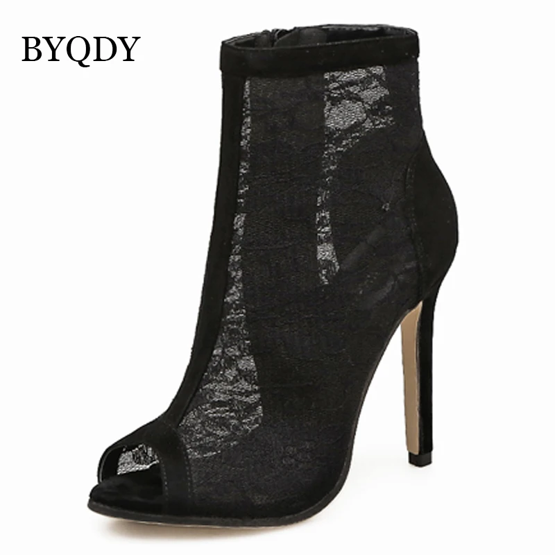 BYQDY/женские ботильоны в стиле панк с сеткой Ботинки на высоком каблуке женские