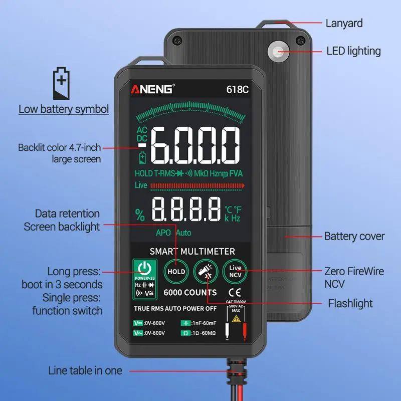 

618C Digital Multimeter Smart Touch AC DC True RMS Transistor NCV Tester Meter 77HB
