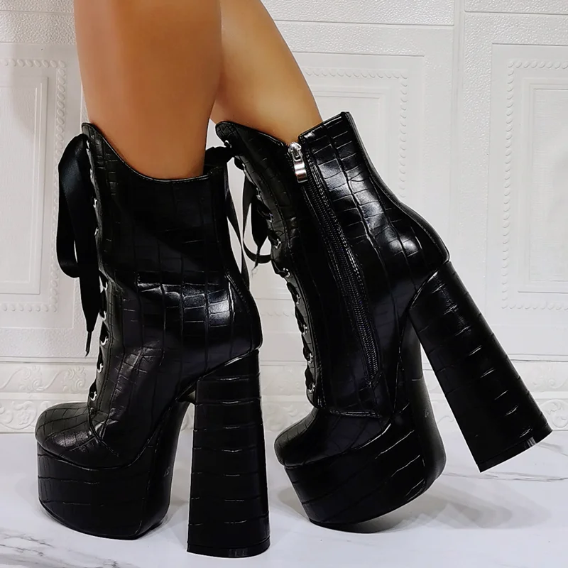 Winter Shoes Boots Black Chunky High Heel Platform Ankle Boots Stone Print Round Toe Fashion Short Booty Lace Shoes Zip Size 47