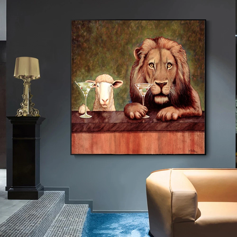 

The Lamb And The Lion Enjoying Together Canvas Posters Art Prints Wall Art Funny Animal Pictures For Living Room Decor Unframed