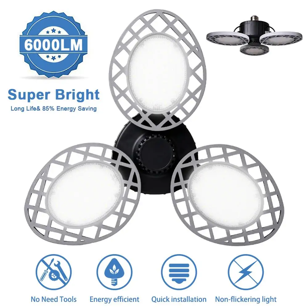 60W LED Garage Lights Deformable Ceiling Light 6000LM E26 super bright Basement Factory Workshop |