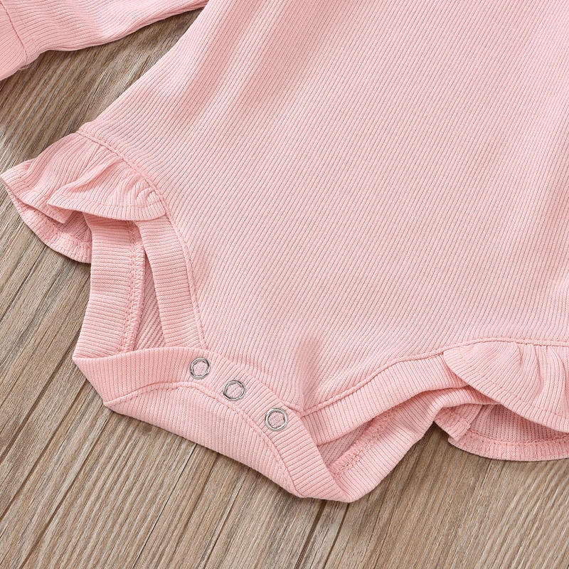 

Baby Girl Romper Covered Button Full Length Flare Sleeve Round Neck Solid Color Fashion Cotton Soft Romper