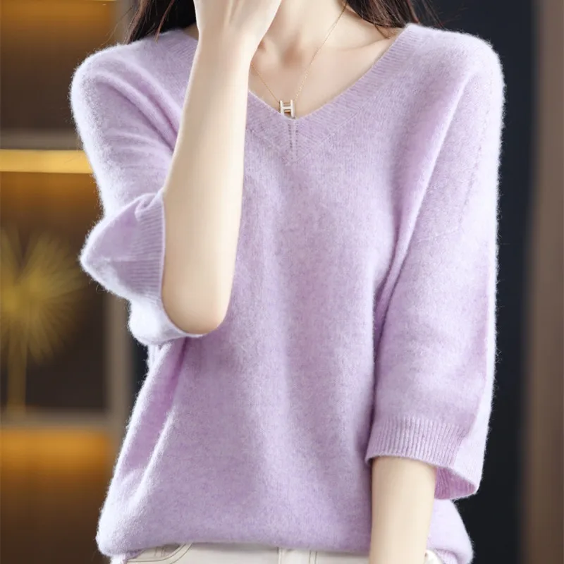 

Spring Autumn Women's Sweaters Female Pullover Half Sleeve V-Neck Loose Casual Jumper 100% Wool Knitted Tops Clothing Plus Size