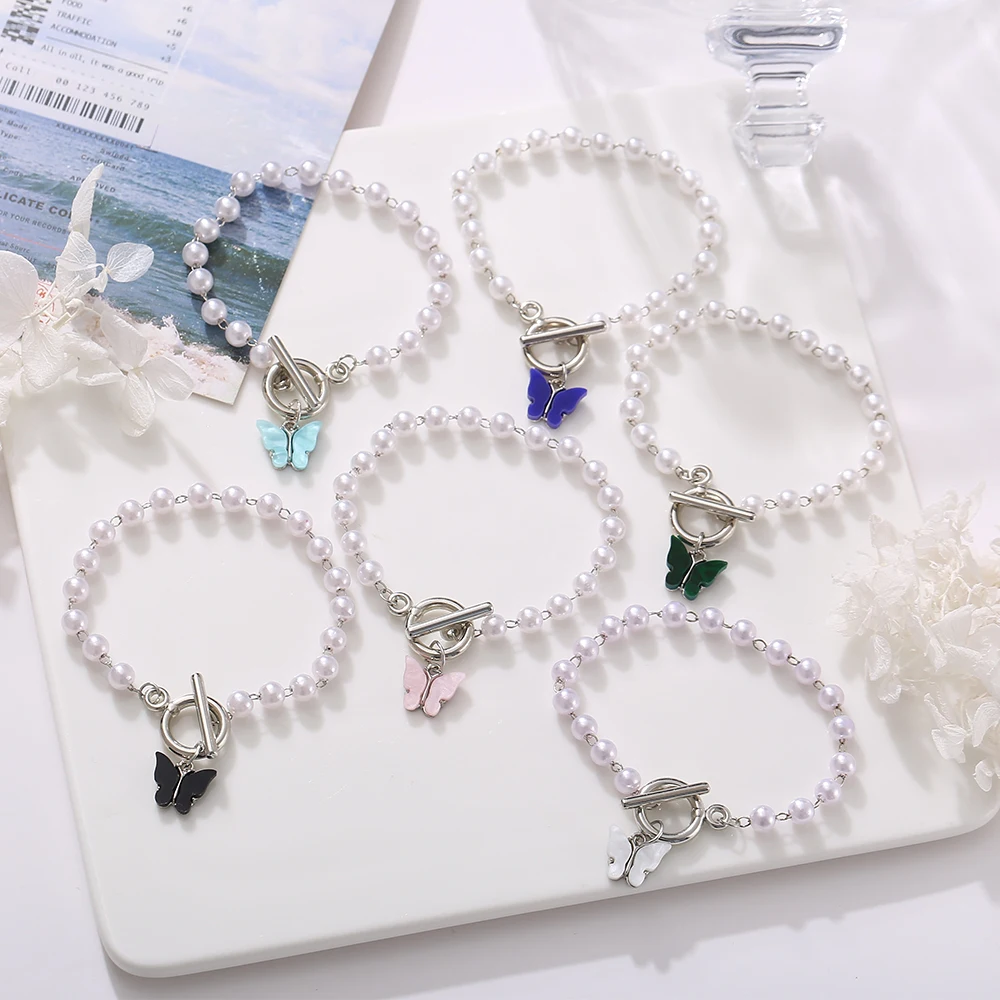 

Trendy Pearl Colorful Butterfly Pendant Bracelet For Women Girl Gift