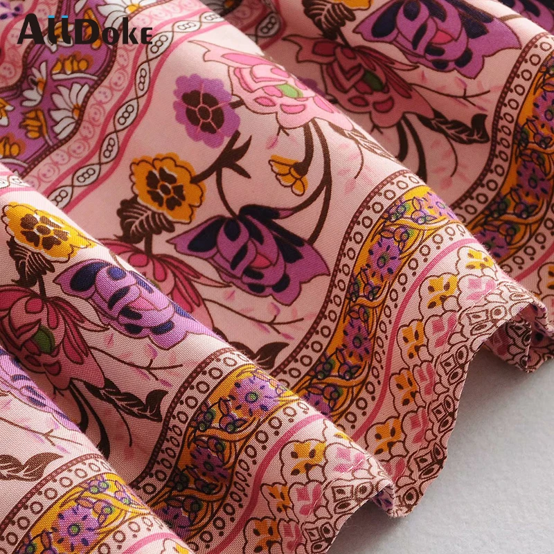 

ALLDOKE pink floral print vintage skirt women summer boho style high waist lace up short ladies A line skirts mujer jupe femme