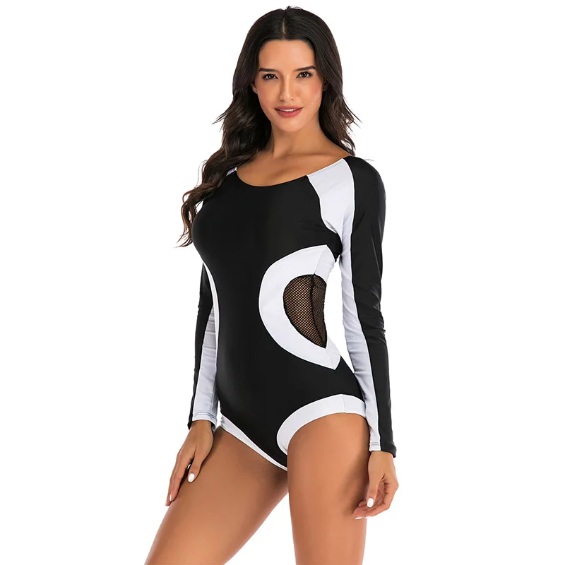 New See Through Long Sleeve Rash guards Women Mesh Swimwear One Piece Swimsuit Sports Surf Beach wear Bikini Bathing Suits