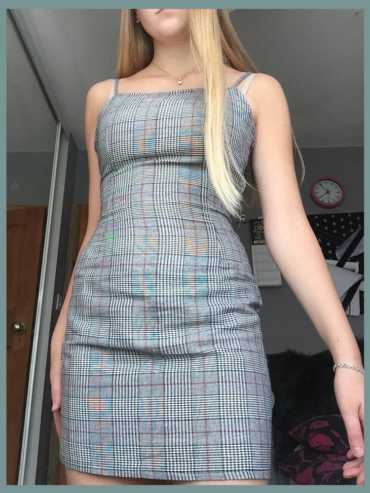 Dotfashion клетчатое Плиссированное летнее женское платье на бретельках высокое качество пляжное Мини платье без рукавов на бретельках